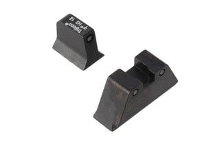 Trijicon Bright & Tough suppressor height night sights for large caliber Glock handguns feature blacked out front and rear sights with green tritium illumination